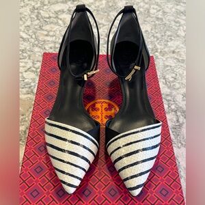 Tory Burch Mackenna 50mm Wedge in Black and White Stripe Snake Print